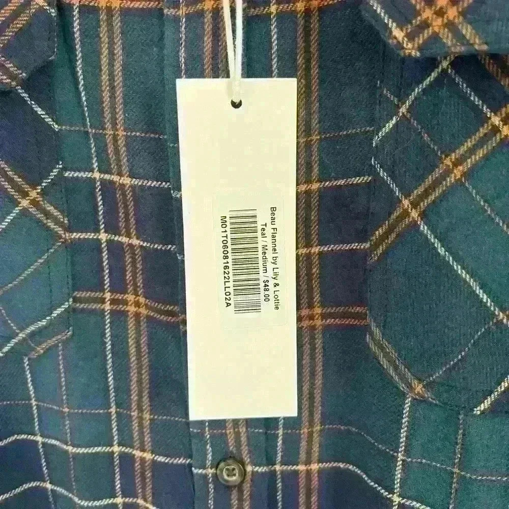 NWT Lily & Lottie Women’s Beau Plaid Flannel Navy, Teal & Mustard Size Medium - Picture 2 of 4
